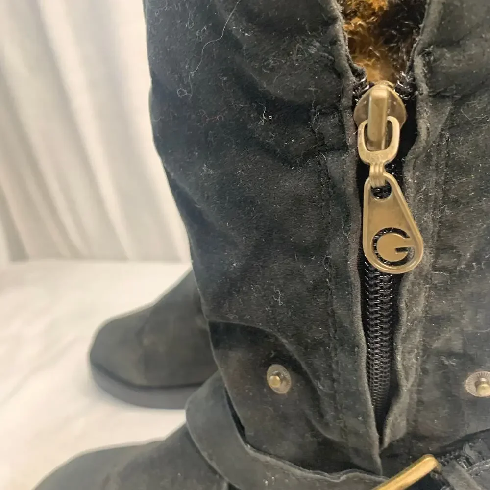 Guess Womens Sz 5.5 Mid Calf Biker Casual Faux Cheetah Fur Lines Boots Zip Up